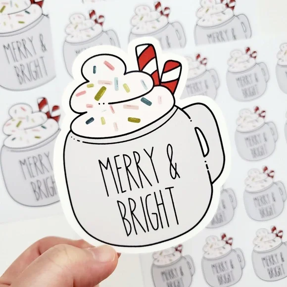 LB084 STICKERS Custom Poshmark Stickers Merry & Bright Mug Personalizable - Picture 1 of 7